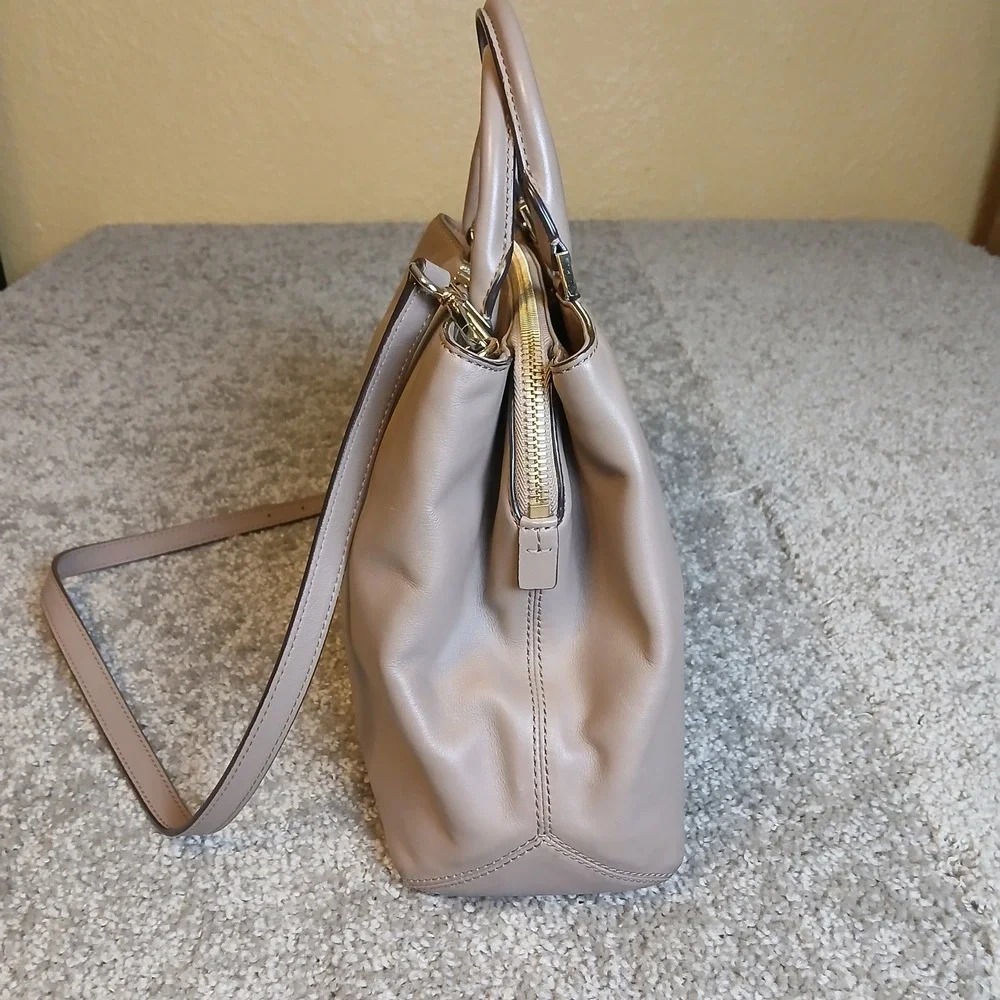Michael Kors Taupe Leather Satchel Crossbody Bag Gold Hardware MK Handbag Logo